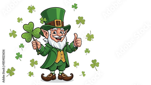 A cheerful leprechaun in a green hat and suit, holding a shamrock and giving a thumbs up, surrounded by clover leaves.