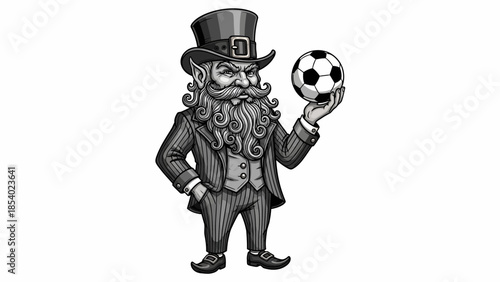 A black and white illustration of a leprechaun holding a soccer ball, dressed in a suit and top hat.