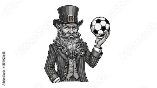 A detailed illustration of a leprechaun holding a soccer ball, dressed in a suit and top hat.
