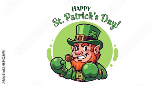 A cartoon leprechaun with a pipe and boxing gloves wishes a Happy St. Patrick's Day.