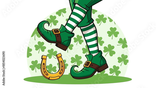 A leprechaun's green shoes and striped socks are shown near a golden horseshoe with a shamrock background.