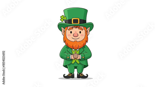 A cartoon illustration of a friendly leprechaun wearing a green suit and hat, standing with his hands clasped.
