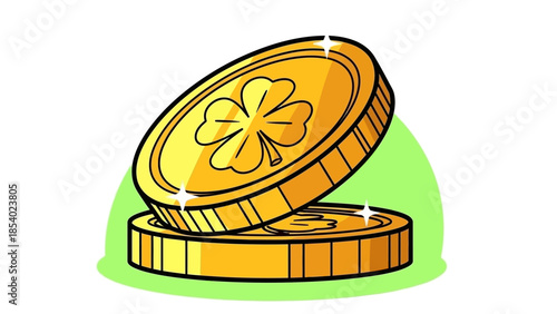 Two shiny gold coins with a shamrock symbol on a light green background.