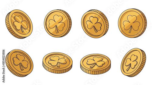 A collection of eight gold coins, each featuring a shamrock symbol, presented in a scattered arrangement against a white background.