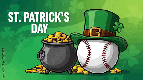 A festive St. Patrick's Day illustration featuring a pot of gold and a baseball wearing a leprechaun hat.