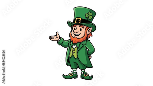 A cartoon leprechaun in a green suit and hat with a shamrock, gesturing with his hand.