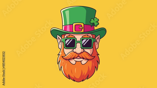 A cartoon leprechaun wearing a green hat and sunglasses with a red beard.