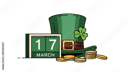 A St. Patrick's Day illustration featuring a leprechaun hat, a calendar showing March 17th, and a pile of gold coins.
