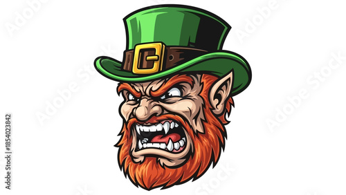 An illustration of an angry leprechaun's face wearing a green hat with a gold buckle.