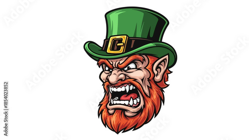 An illustration of an angry leprechaun wearing a green hat with a gold buckle and a red beard.