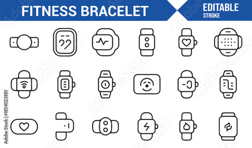 Health and activity monitoring wearable outline icon set