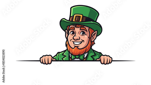 A cheerful leprechaun wearing a green hat and suit peeking over a blank sign.