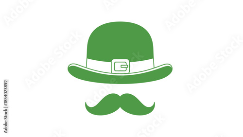 A green bowler hat with a white band and a green mustache below it, isolated on a white background.
