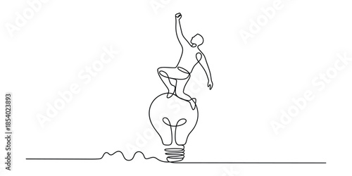 One line drawing of person celebrating on top of light bulb