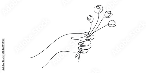 Minimalist one line drawing of hand holding a bouquet of flowers