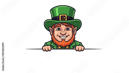 A cheerful leprechaun wearing a green hat and jacket peeks over a white surface.