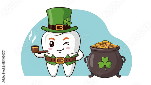 A cartoon tooth dressed as a leprechaun, holding a pipe and standing next to a pot of gold coins, celebrating St. Patrick's Day.
