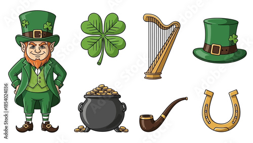 A collection of St. Patrick's Day symbols including a leprechaun, shamrock, harp, pot of gold, pipe, and horseshoe.