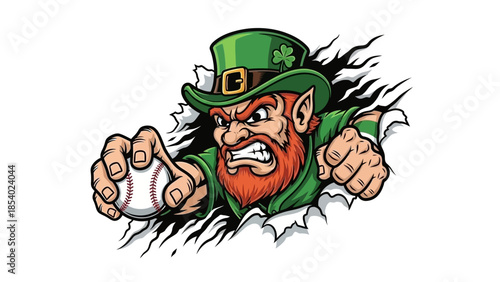 An angry leprechaun in a green hat throwing a baseball, breaking through a torn background.