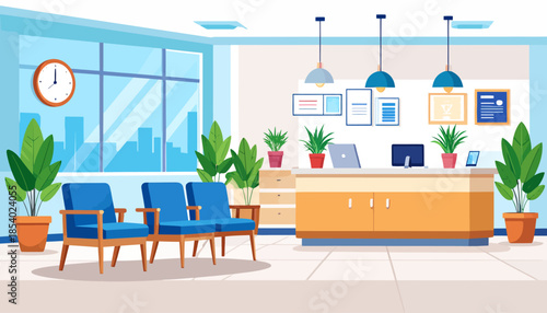 Modern office waiting area with reception desk and blue chairs