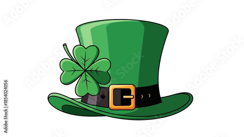 A vibrant green leprechaun hat adorned with a four-leaf clover, symbolizing good luck and Irish heritage.