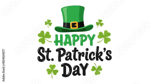 Happy St. Patrick's Day greeting with a green hat and shamrocks.