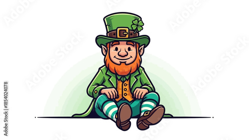 A cartoon leprechaun wearing a green hat and suit, sitting with a friendly expression.