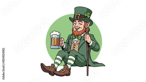A cheerful leprechaun in a green suit and hat, holding a frothy mug of beer and a cane, sitting on a green circle.