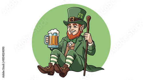 A cheerful leprechaun dressed in green, holding a frothy mug of beer and a walking stick, sitting in front of a green circle.