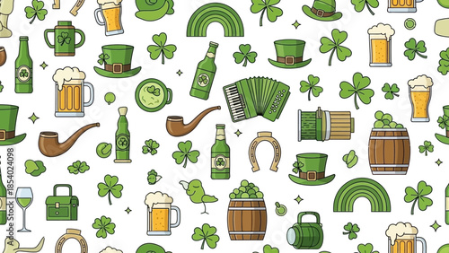 A vibrant St. Patrick's Day themed seamless pattern featuring iconic Irish symbols like shamrocks, leprechaun hats, beer mugs, and a horseshoe.