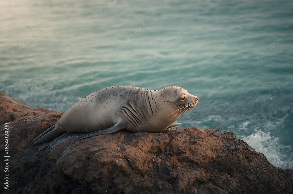 Fototapeta premium Seal resting on rocky coastline with ocean waves in the background