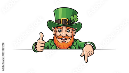 A cheerful leprechaun with a red beard and green hat gives a thumbs up and points down.