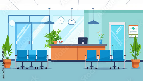 Modern office interior with reception desk and chairs