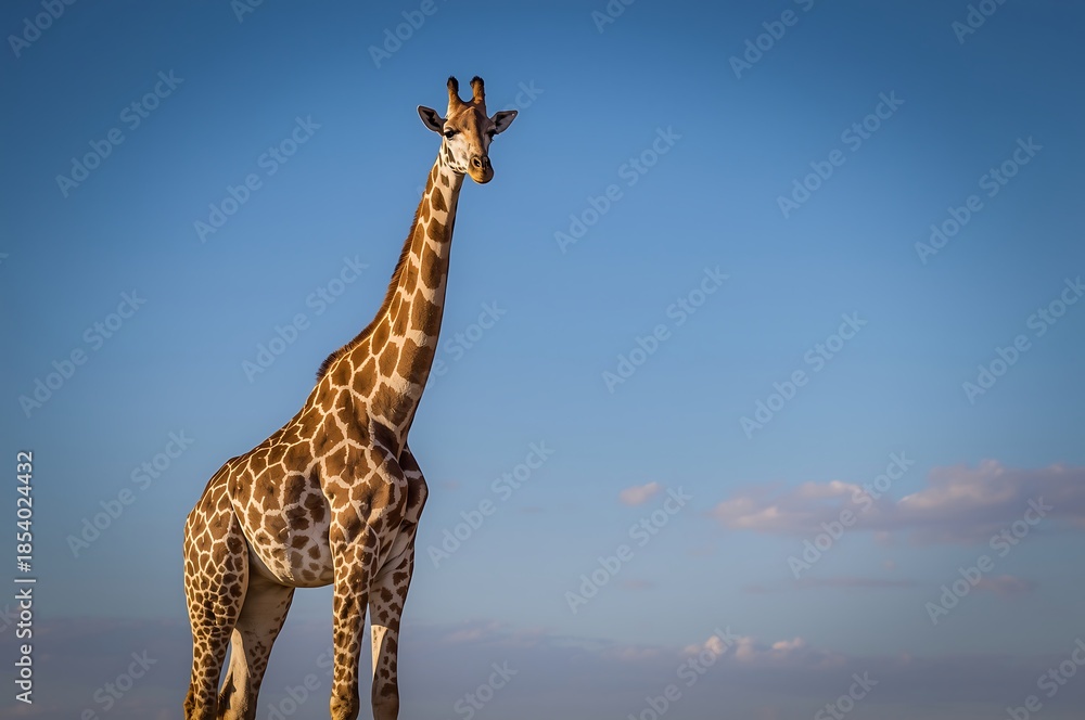 Obraz premium A tall giraffe standing against a clear blue sky with a few clouds on the horizon