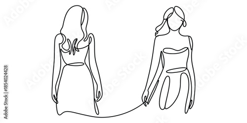 Continuous line drawing of two women holding hands, friendship concept