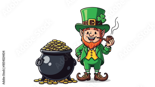 A cheerful leprechaun in a green hat and suit stands next to a pot overflowing with gold coins, smoking a pipe.
