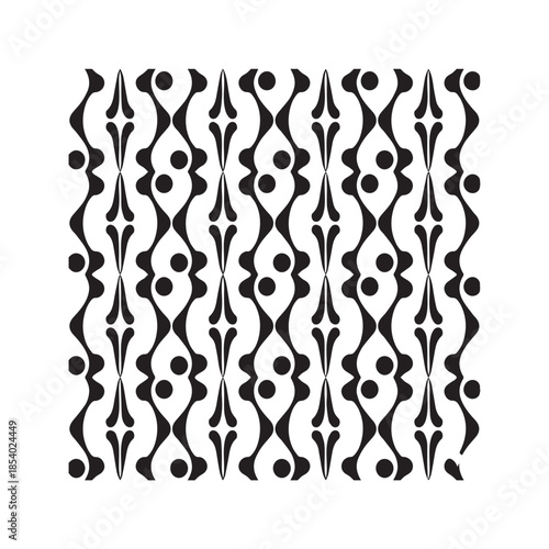 Seamless black and white pattern background featuring repeating teardrop or paisley shapes arranged in vertical wavy columns.
