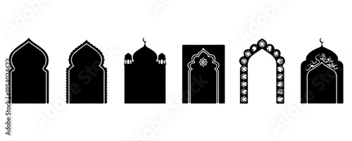 Islamic Mosque Arch Silhouette Set, Arabic Mihrab Window Door Shapes Vector