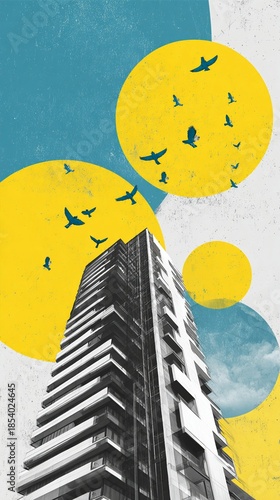 A modern skyscraper rises against a vibrant backdrop featuring abstract circles and flying birds, capturing a dynamic urban landscape filled with contemporary flair.