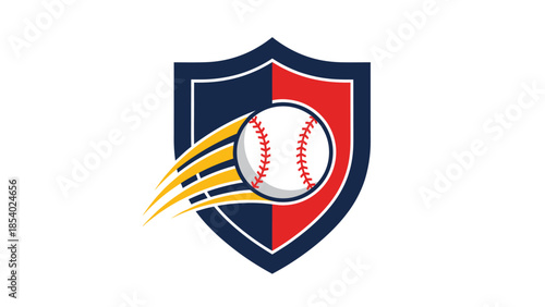 Dynamic baseball flying past a protective shield logo design for sports.