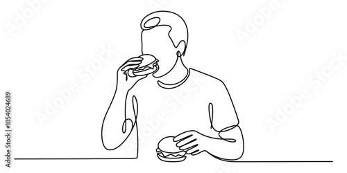Man eating a hamburger in continuous line art style