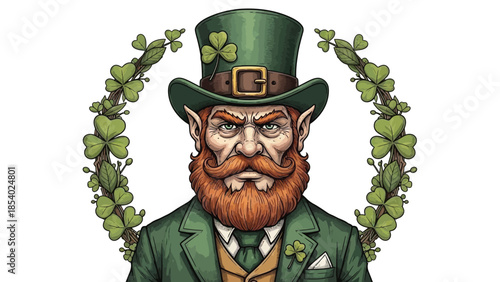 A detailed illustration of a stern-faced leprechaun wearing a green top hat and suit, adorned with shamrocks, set against a backdrop of a shamrock wreath.