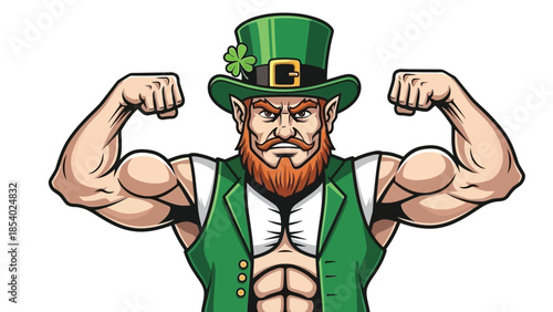 A muscular leprechaun flexing his biceps, wearing a green hat and vest, with a fierce expression.