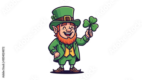 A cheerful leprechaun dressed in green, holding a shamrock, symbolizing good luck and Irish culture.