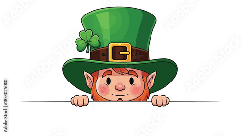 A cute leprechaun wearing a green hat with a shamrock peeking over a white surface.
