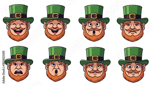 A collection of eight cartoon leprechaun faces, each displaying a different emotion and wearing a green hat.