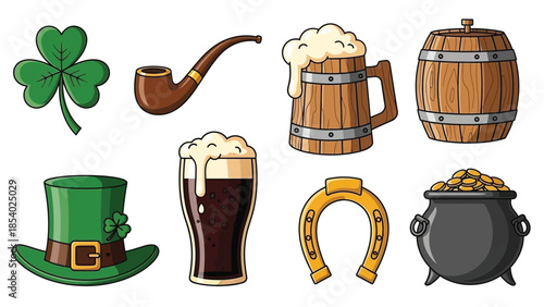 A collection of St. Patrick's Day symbols including a shamrock, pipe, beer mugs, barrel, hat, horseshoe, and pot of gold.