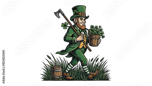 A leprechaun in a green suit and hat walks through tall grass carrying a pot of shamrocks and a cane.