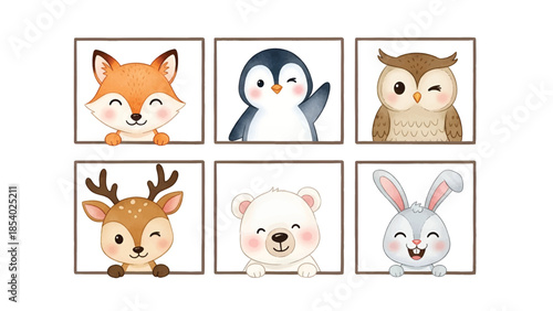 Charming Watercolor animal illustrations of cute woodland and arctic creatures peeking happily from frames.
