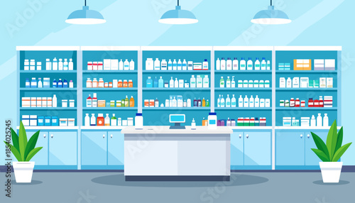 pharmacy interior with counter and shelves